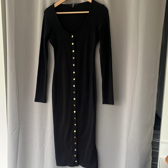 Missguided Black Long Sleeved Gold Button Front Scoop Neck Midi Dress Size 4 - Picture 4 of 9